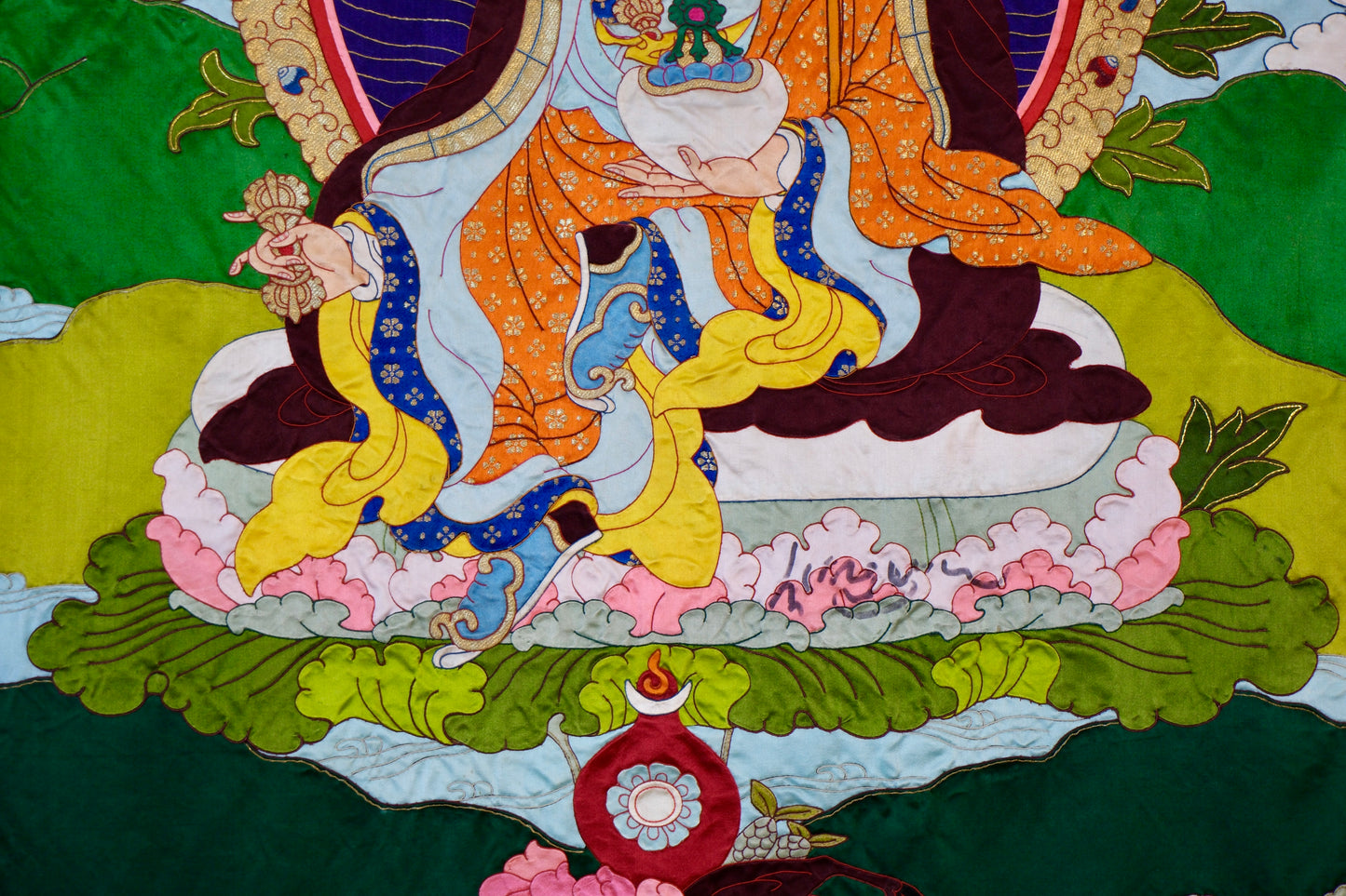 Guru Rinpoche — Silk Appliqué Thangka