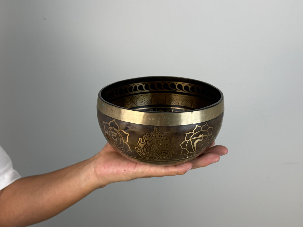 Chakra-Motif Hand-Beaten Tibetan Singing Bowl – B3 & E6 | SB-021
