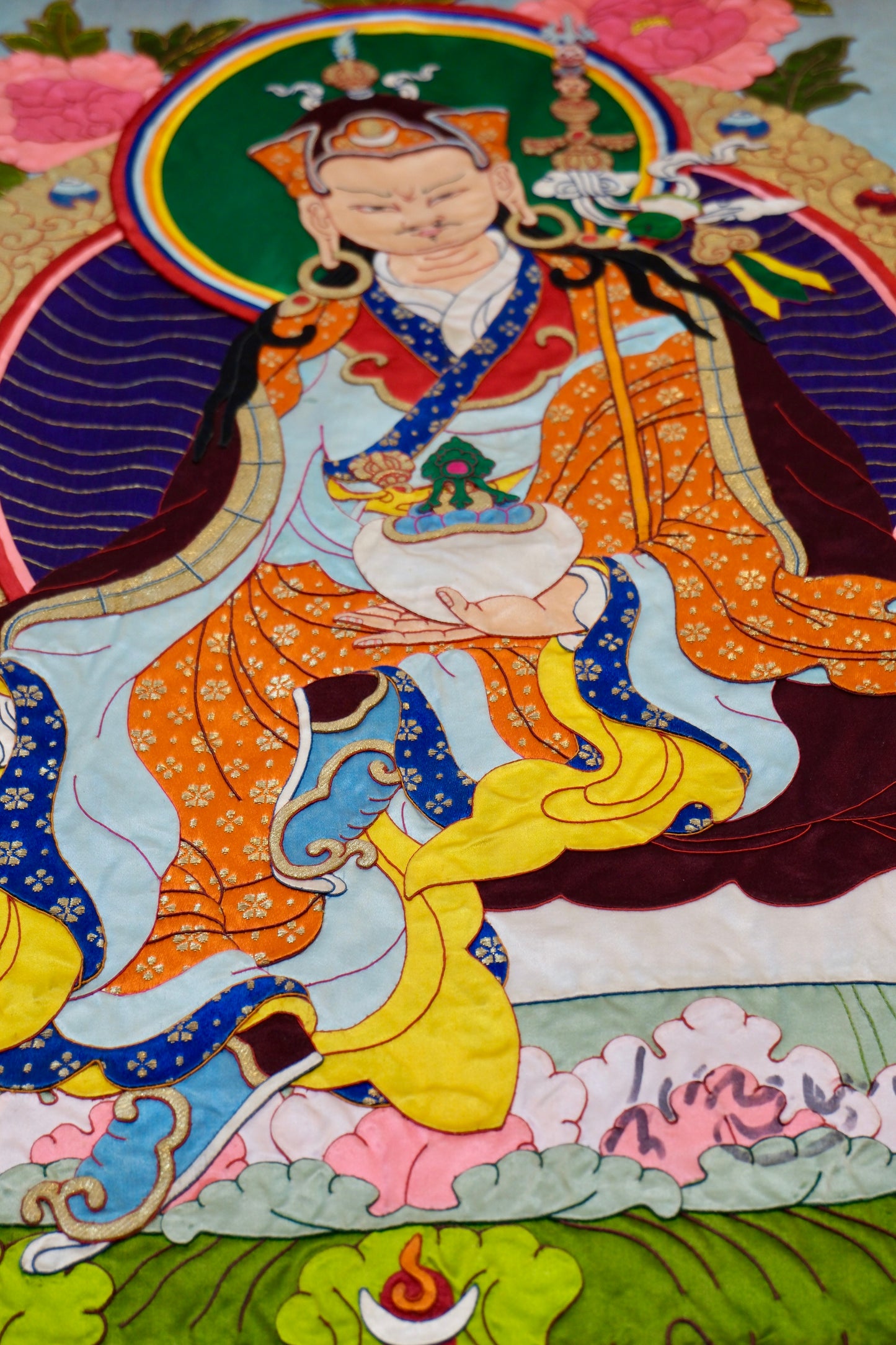 Guru Rinpoche — Silk Appliqué Thangka