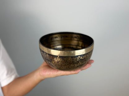 Mantra-Engraved Hand-Beaten Tibetan Singing Bowl – A♯3 & D♯6 | SB-023