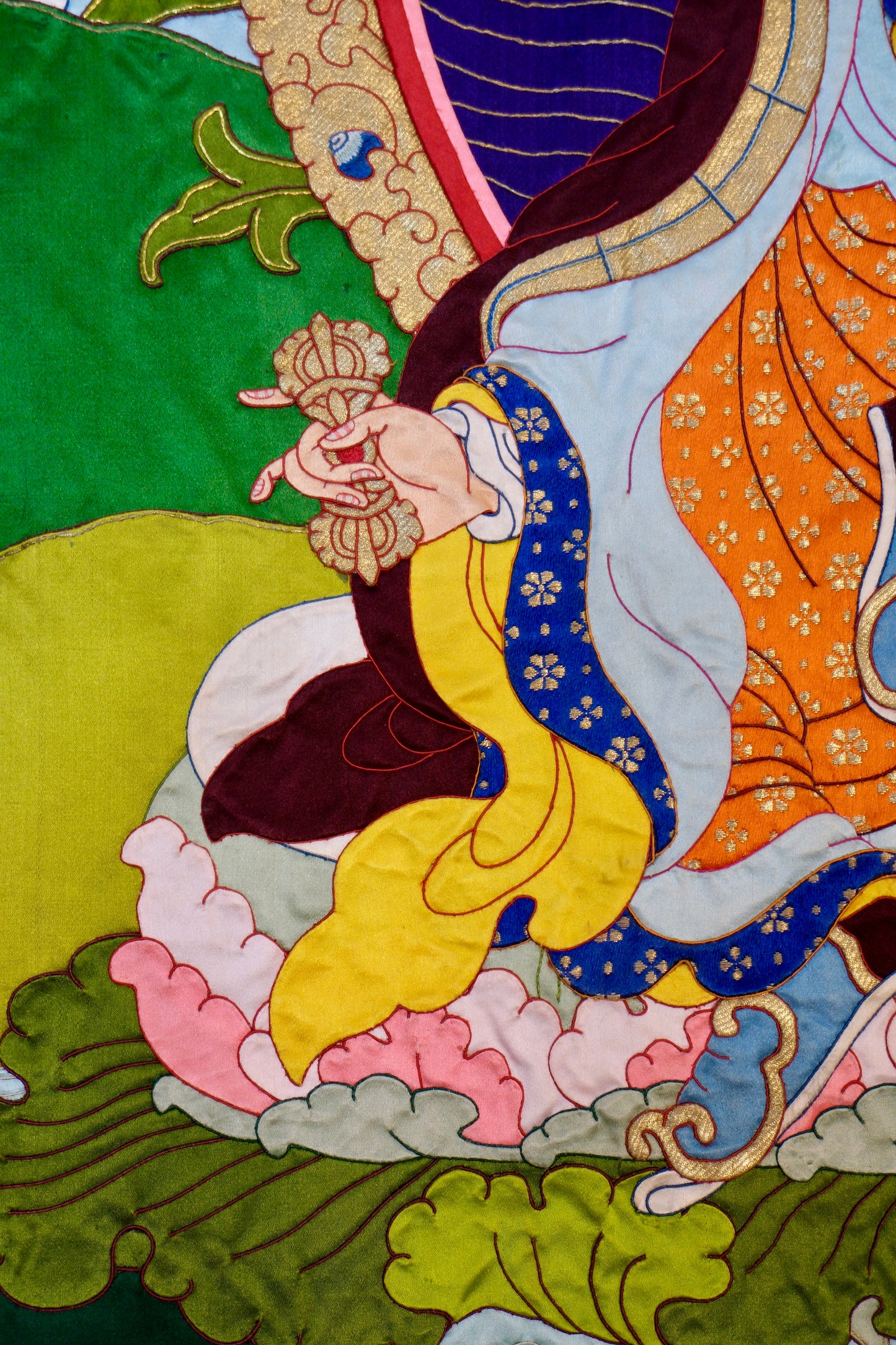 Guru Rinpoche — Silk Appliqué Thangka