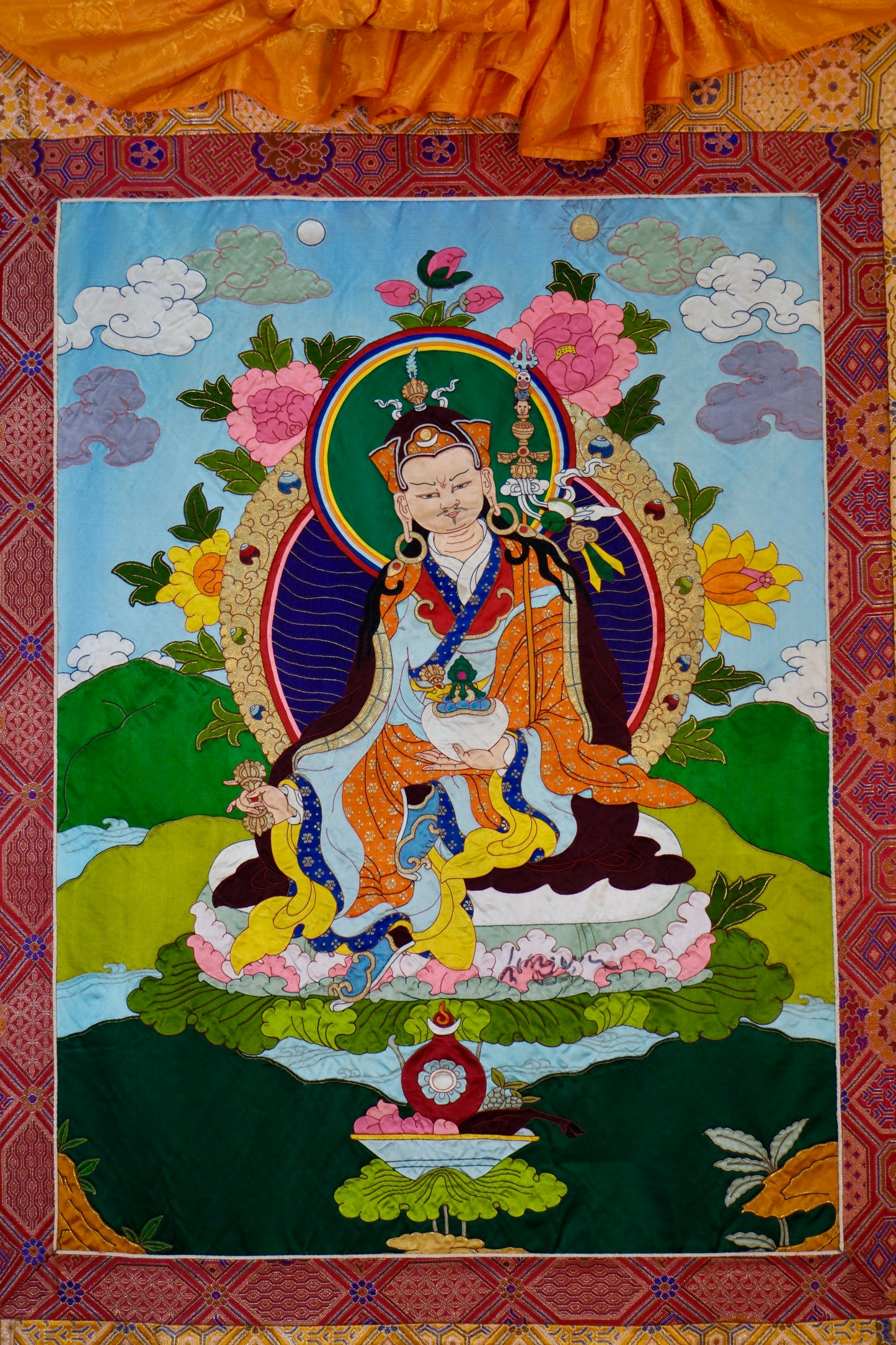 Guru Rinpoche — Silk Appliqué Thangka