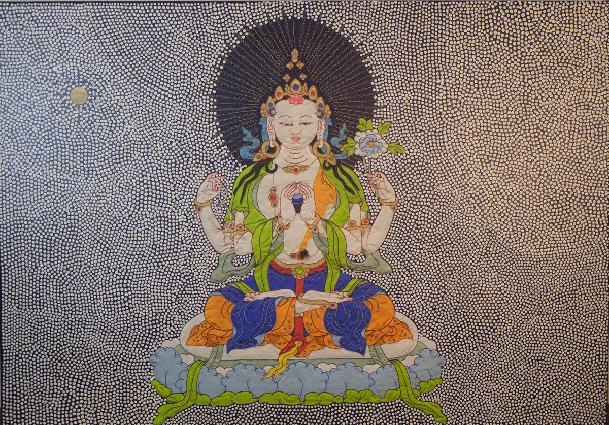 Contemporary Chenrezig Tibetan artwork by Urgyen Sonam
Chenrezig Avalokiteshvara contemporary Tibetan Buddhist art
Chenrezig mixed-media Tibetan artwork on canvas
Contemporary Tibetan thangka inspired Chenrezig artwork
Avalokiteshvara Buddhist canvas art with hand-painted details
Modern Tibetan Chenrezig artwork representing compassion
Contemporary Chenrezig Tibetan canvas artwork – Little Tibet
Chenrezig Buddhist mixed-media artwork by Tibetan artist Urgyen Sonam