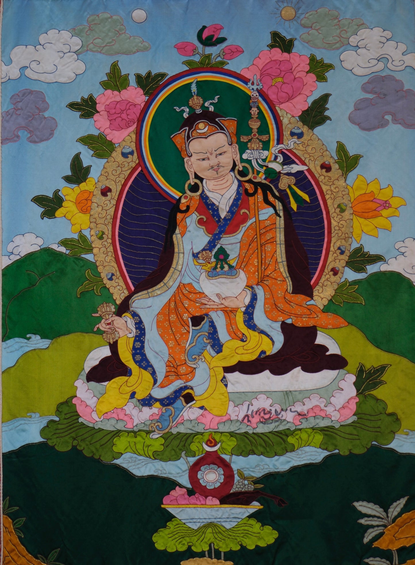 Guru Rinpoche — Silk Appliqué Thangka