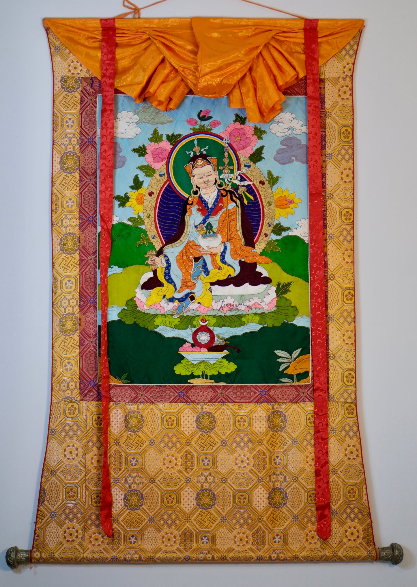 Guru Rinpoche — Silk Appliqué Thangka
