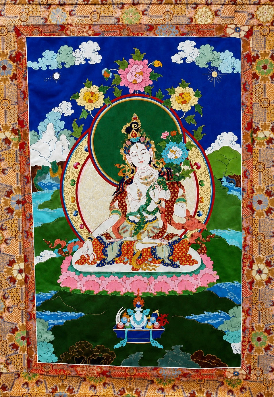 White Tara Silk Appliqué Thangka