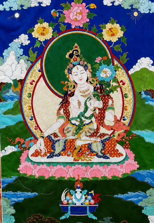 White Tara — Silk Appliqué Thangka