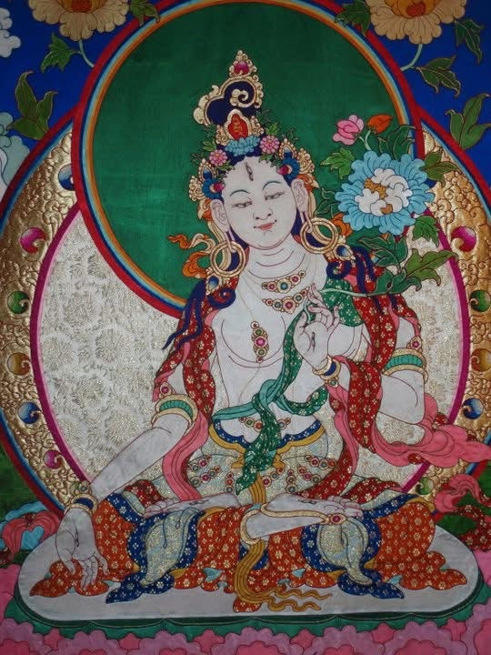 White Tara Silk Appliqué Thangka