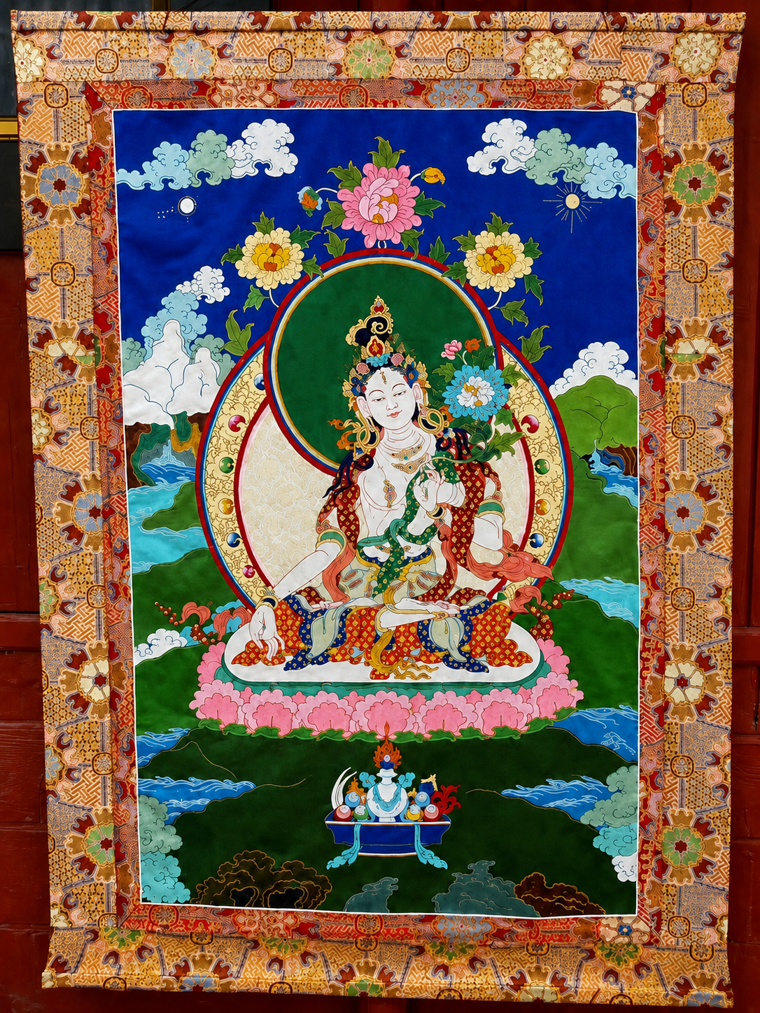 White Tara Silk Appliqué Thangka