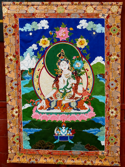 White Tara — Silk Appliqué Thangka