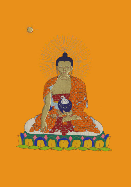 Shakyamuni Buddha Silk Applique Thangka – Orange Background