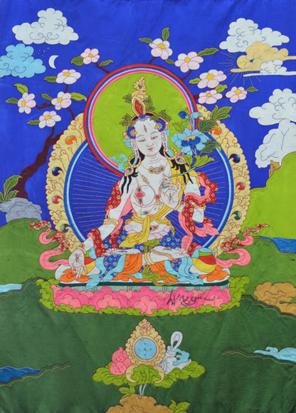 White Tara — Silk Appliqué Thangka