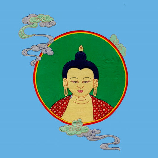 Shakyamuni Buddha Silk Applique Thangka (Blue Background)